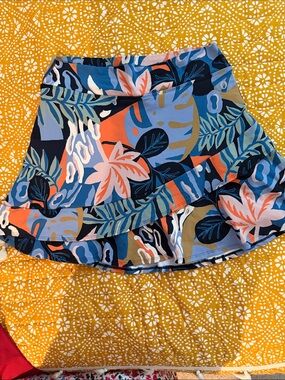 Tropical Floral Ruffle Skater Skirt - Blue, Coral & Green tiers Size 3 L/XL